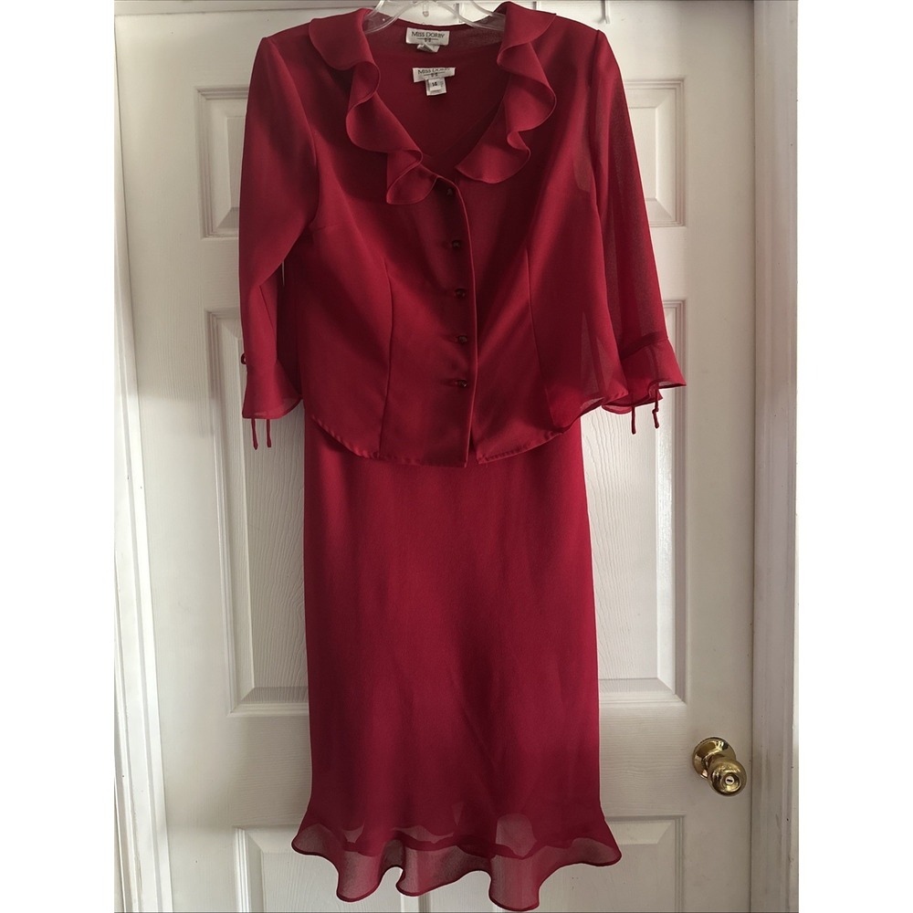 Women's Vintage Miss Dorby Red 2‎ Pc Dress Jacket Ruffle Jeweled Buttons Size 14 - Picture 2 of 13
